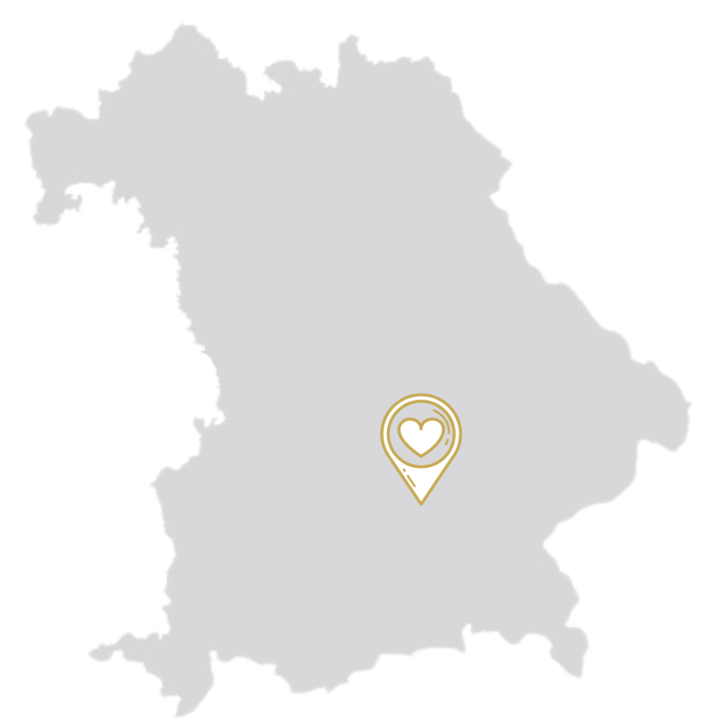 Karte von Bayern mit dem Standort des Brautmodeladens Brauthaftschön in Erding